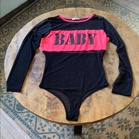 Occasion Tops - Black and Pink Bodysuit with Bold Text and Long Sleeves